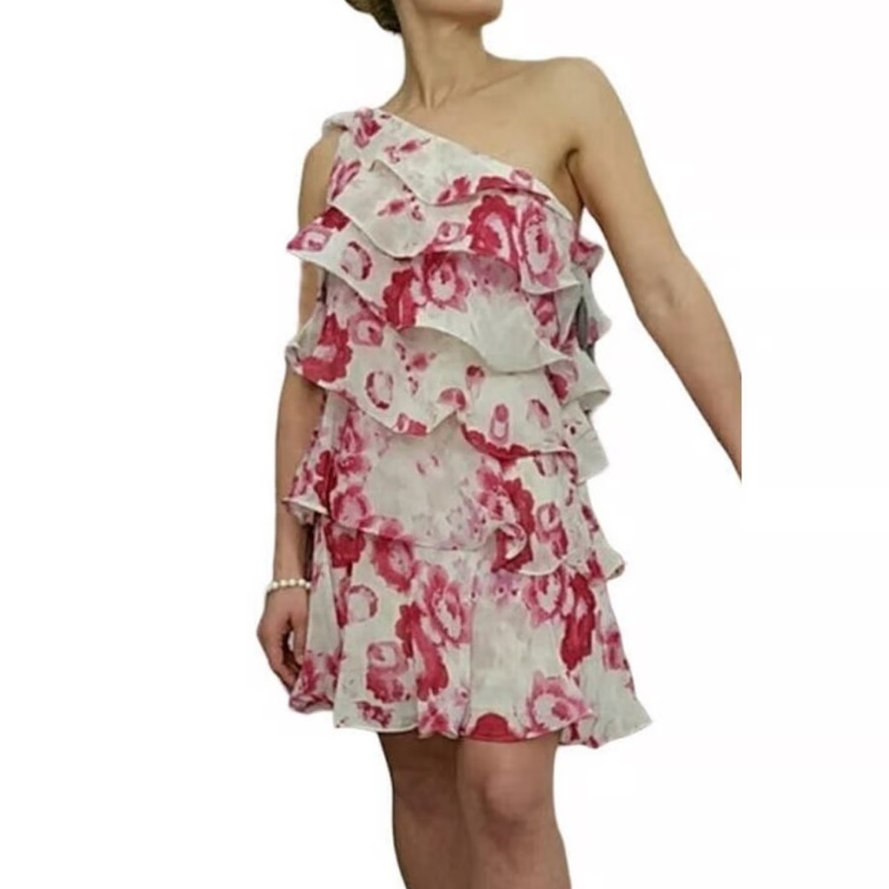Pearl by Georgina Chapman of Marchesa Pink & White Floral One Shoulder Dress